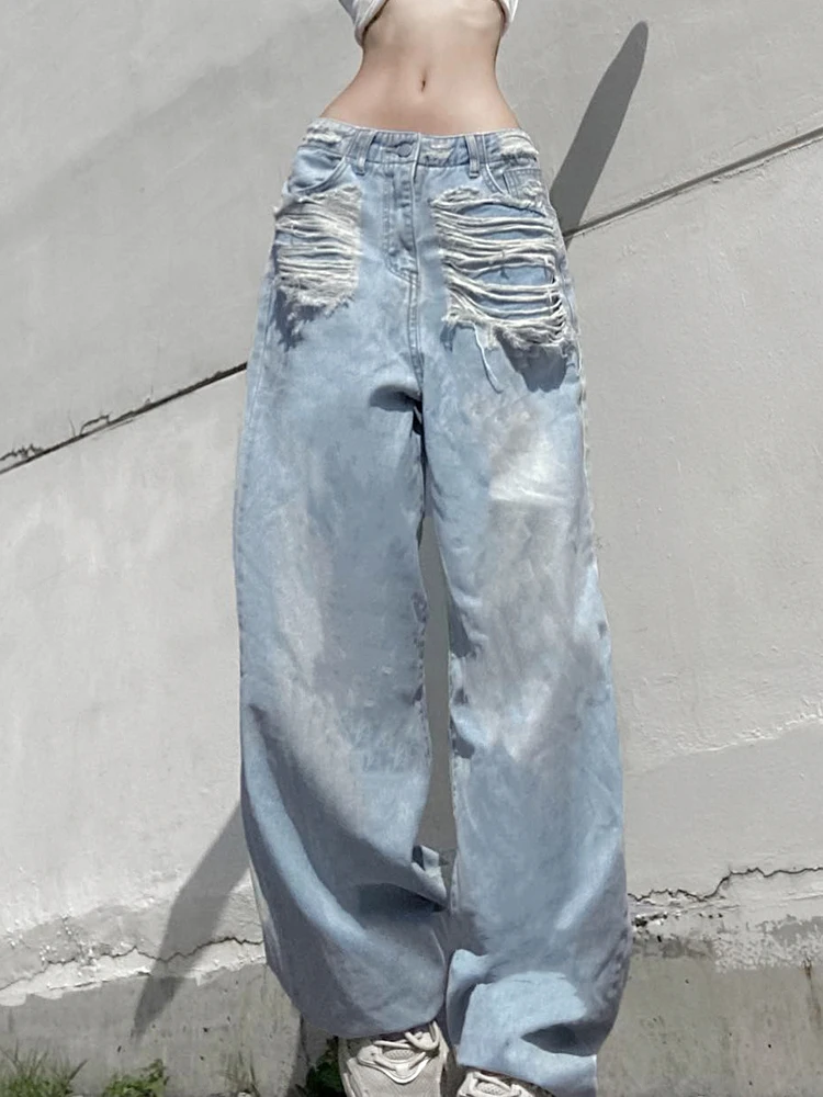 

2023 New Light Blue Ripped Jeans for Women Fashion Casual High Waist Straight Trousers Korean Style Mopping Pants Y2k Jeans