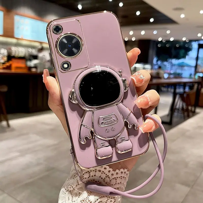 Astronaut Themed Electroplated Soft Silicone Back Cover with Cute Lanyard Bumper