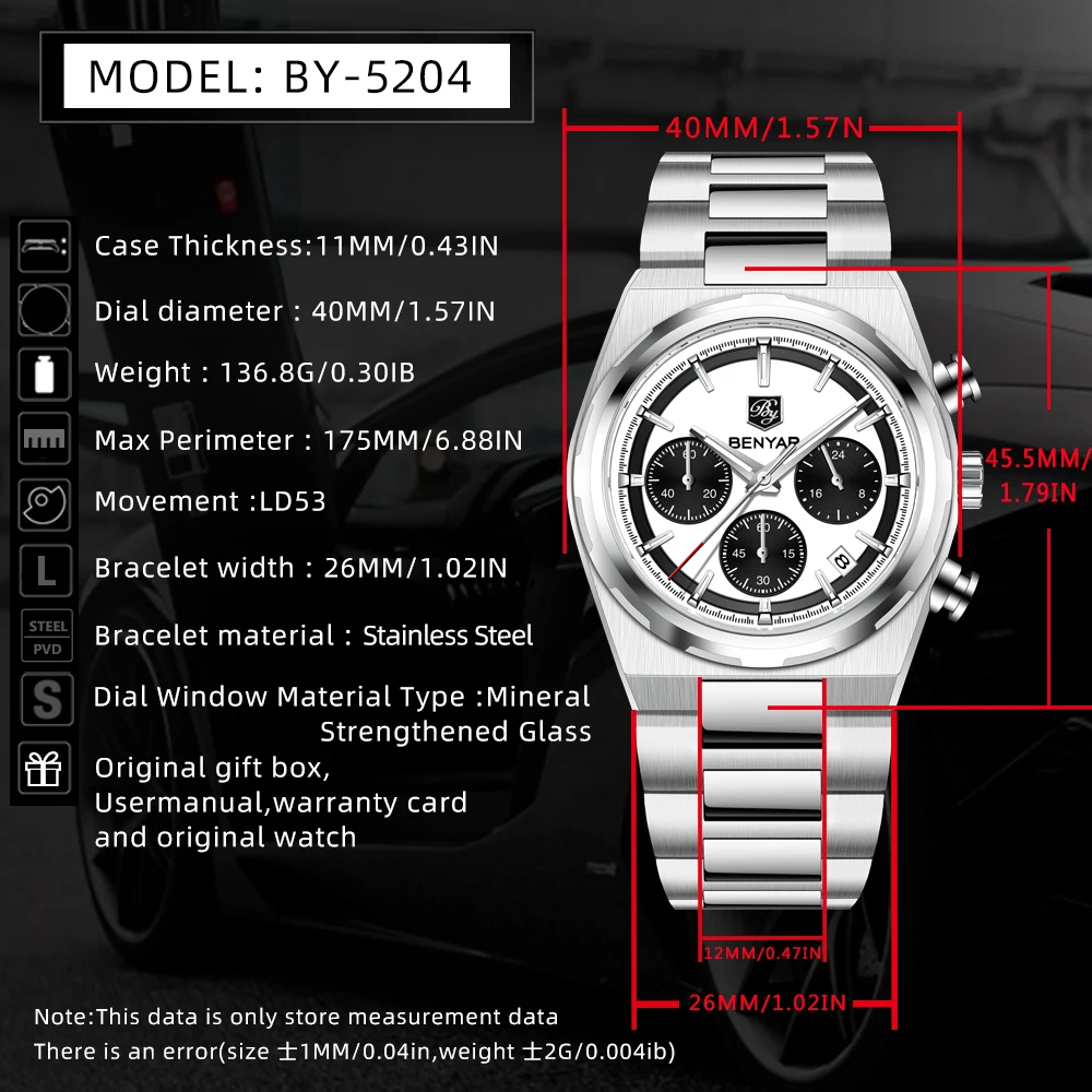 BENYAR 2024 New 40MM Multi Time Zone Three Eye Timing Luxury Men's Quartz Watch Stainless Steel Men's Quartz Watch Chronograph 6