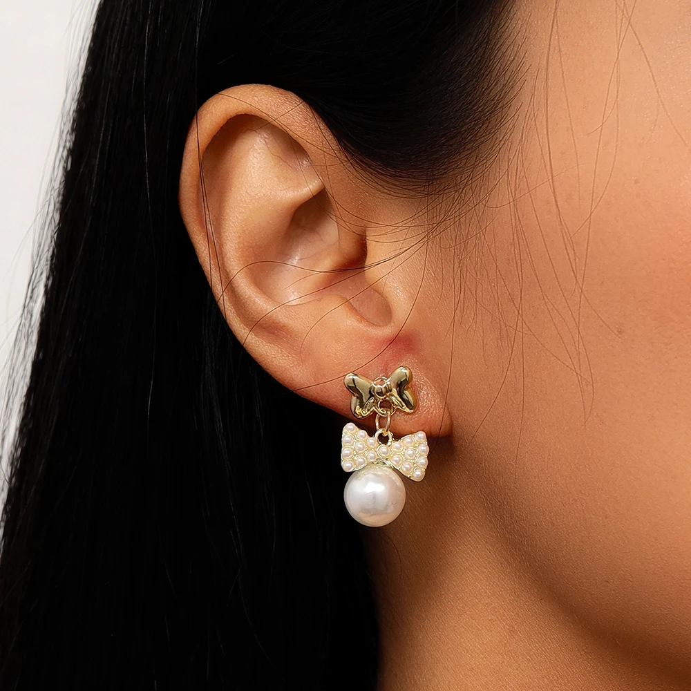 Aihua Elegante Luxus-Ohrringe mit rosa Schleife für Damen, temperamentvolle Perlen-Hängeohrringe, für Mädchen, Party, Hochzeit, Schmuck, Geschenke – Detail 3