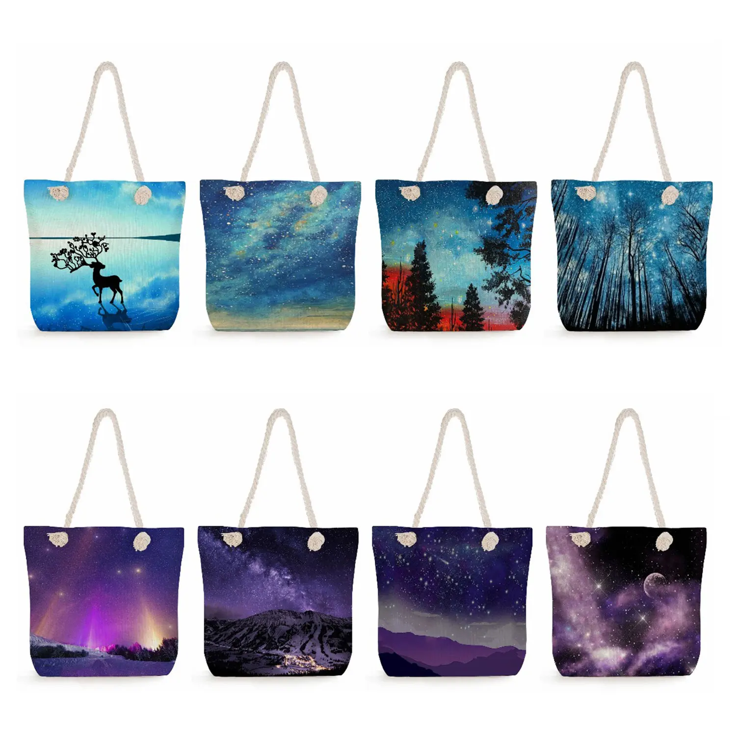 

Travel Thick Rope Beach Bag Landscape High Capacity Tote Bags Bright Colors Women Shoulder Bag Fashion Starry Sky Print Handbags