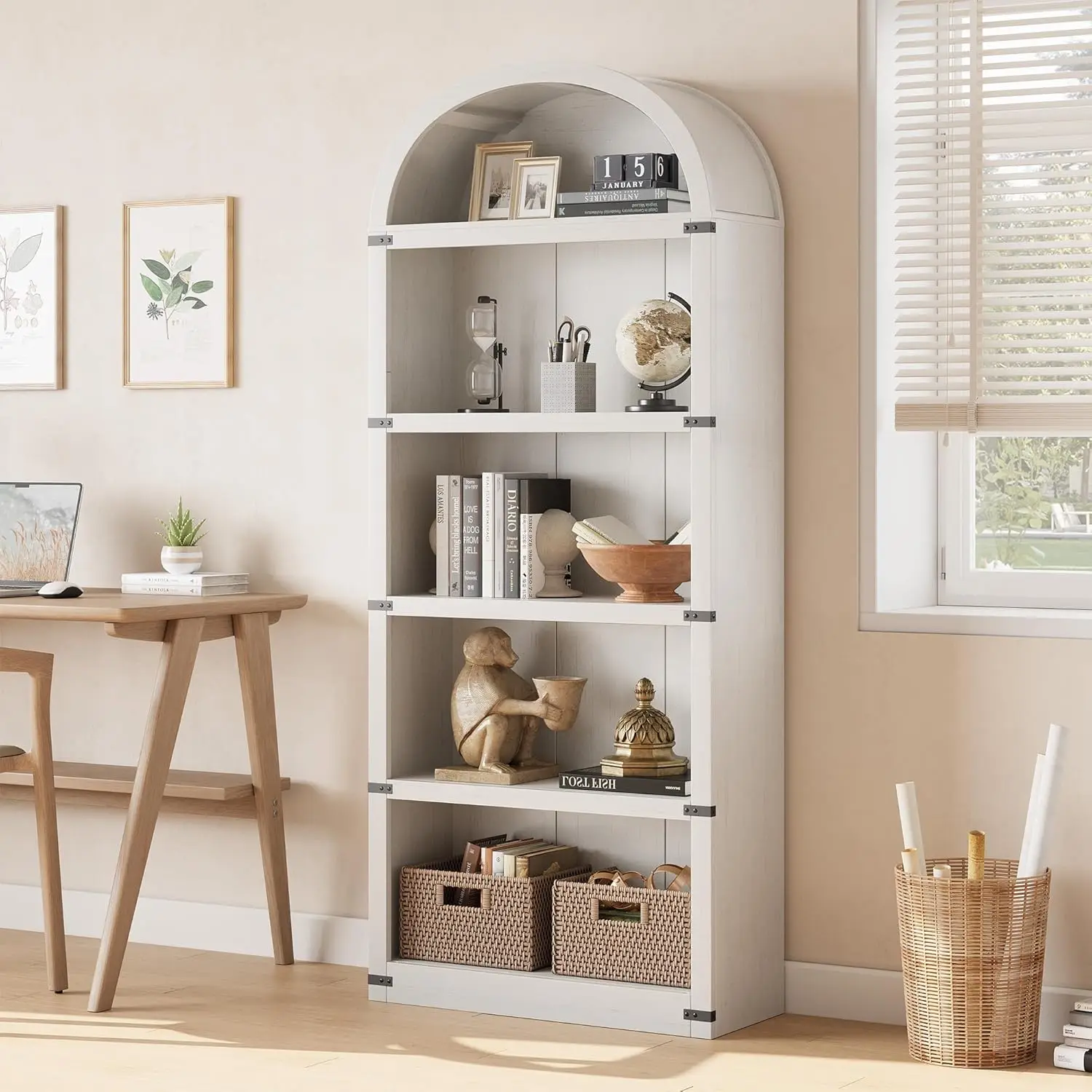 5-Tier Bookshelf Arched Display Racks Large Wood Book Shelf Modern Freestanding Open Bookcase for Home Office 76x30x182cm White