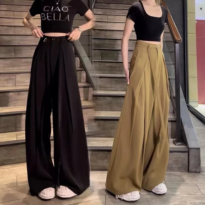 Lace up suit wide leg pants for women's summer 2023 new high waisted loose fitting straight tube casual floor mop pants