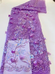 African 3D Flowers Fabric 5 Yards 2023 High Quality Glue Sequins Beads Embroidered French Nigerian Lace Fabric For Wedding HX56H