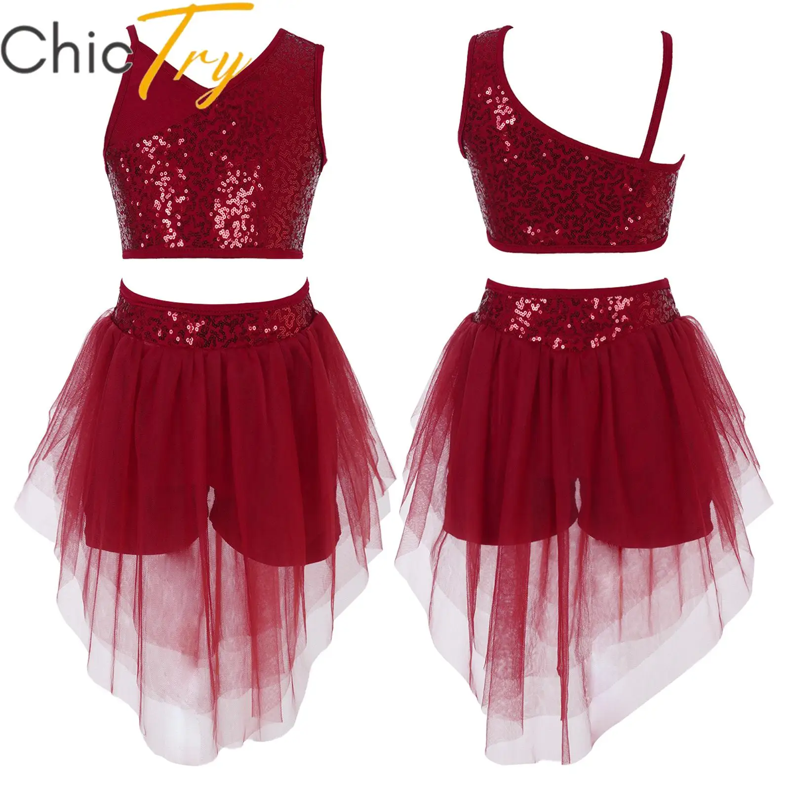 

Kids Girls Ballet Dance Sets Sports Gymnastics Workout Outfit Set Sequins Crop Top with Chiffon Skirt Suit for Stage Performance