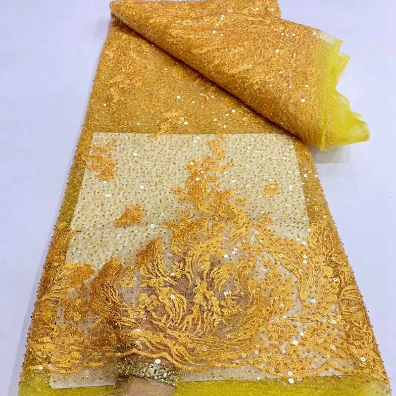 

Latest Heavy Beaded Lace Fabric Rhinestones Embroidery Handmade Wedding Sequence African Lace Fabric With Pearls TS1272