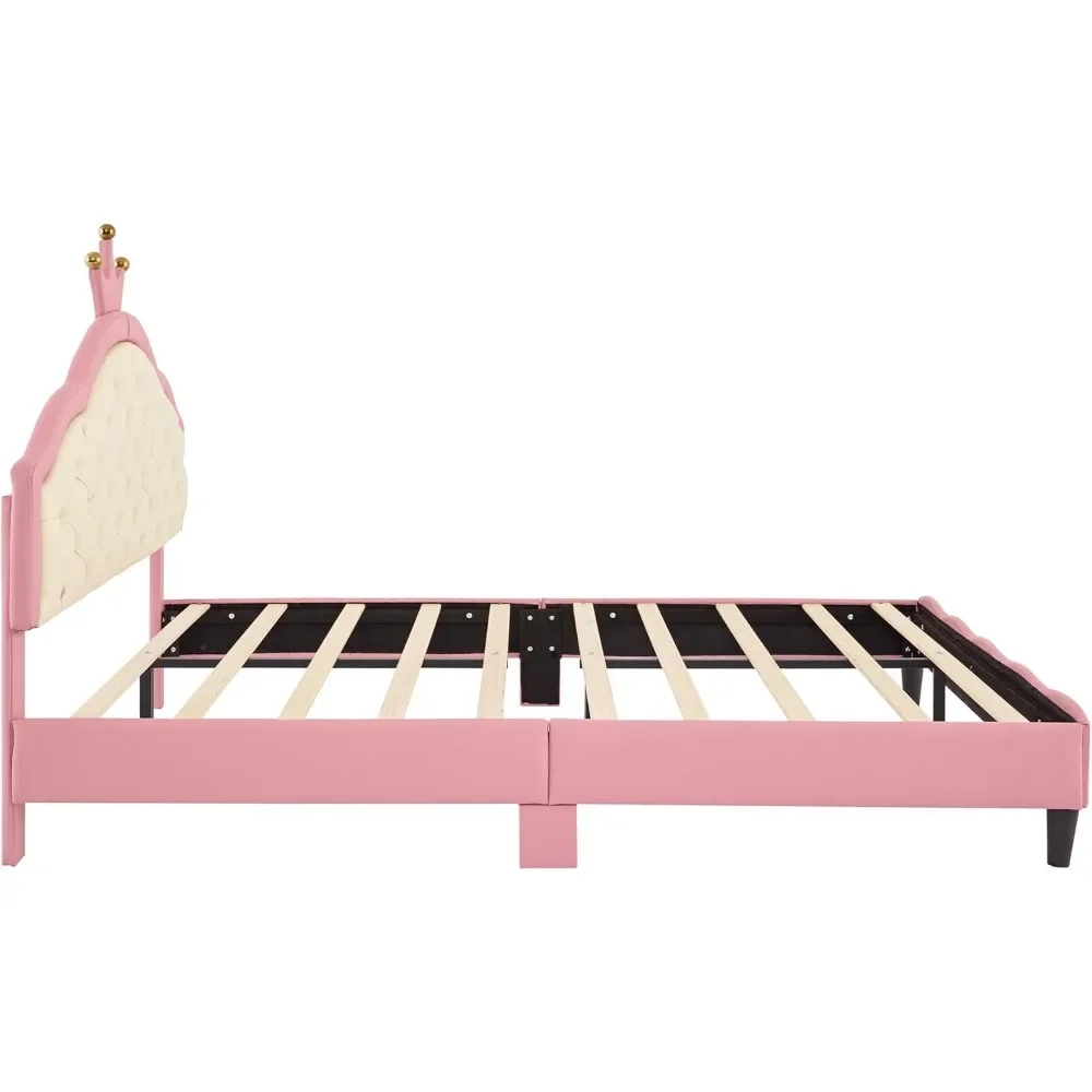 Full Size Bed Frame with CrownTufted Headboard, No Box Spring Needed, Upholstered Princess Bed Frame 4