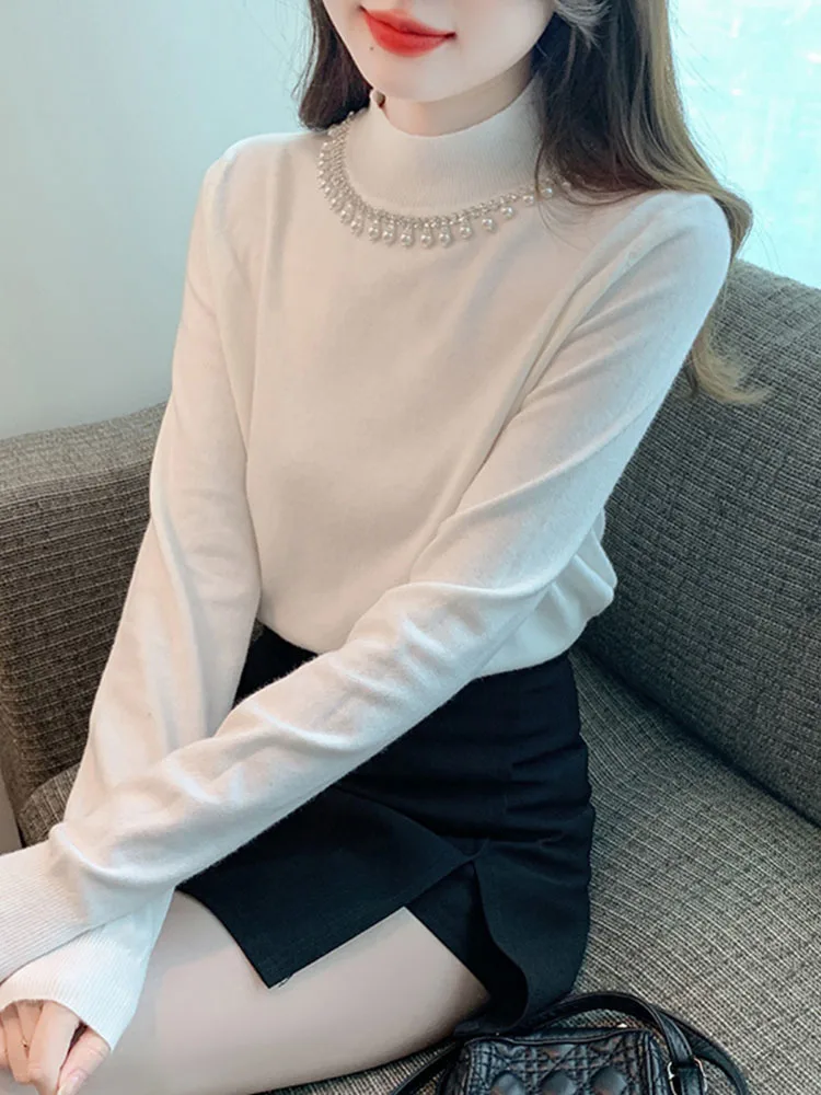 

Fashion Simplicity Beading Spliced Knitted Tops Autumn Winter Long Sleeve Commuter All-match Round Neck Solid Color Sweaters