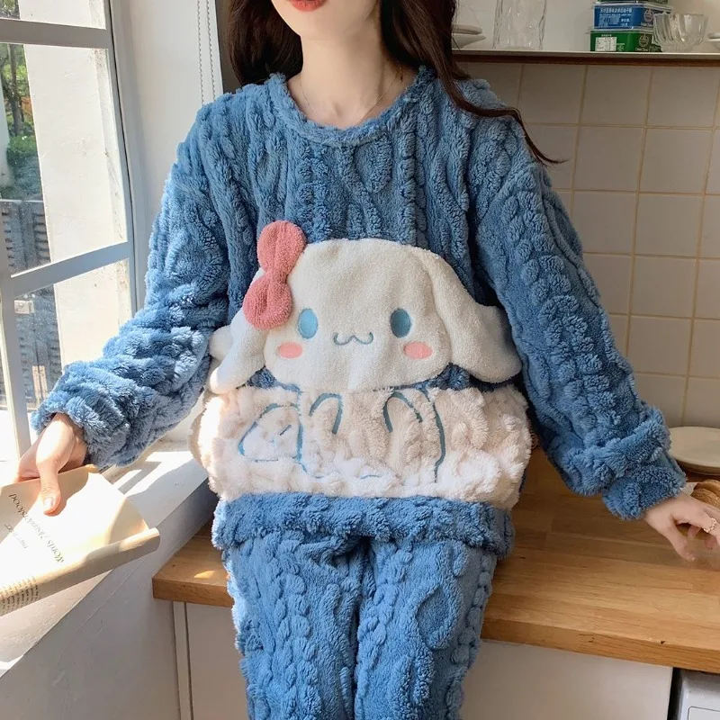 

Kawaii Sanrios Kuromi Cinnamoroll Pajamas Set Pachacco Fleece Winter Warm Long-sleeved Pants Flannel Thickened Homewear Gift