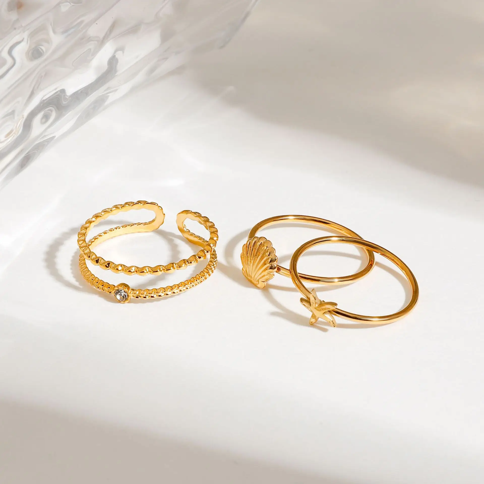 Multi Layer Stackable Starfish Star Rings Hypoallergenic 18K Gold Plated Shell Knuckle Ring Stainless Steel Summer Accessories