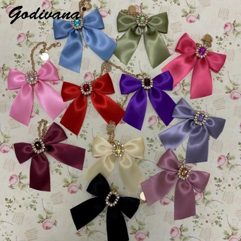 Japanese Colorful New Double-Sided Satin Diamond Gem Cute Bow Jewelry Bag Ornaments Lady Girls Bag Charms Pendant for Handbag