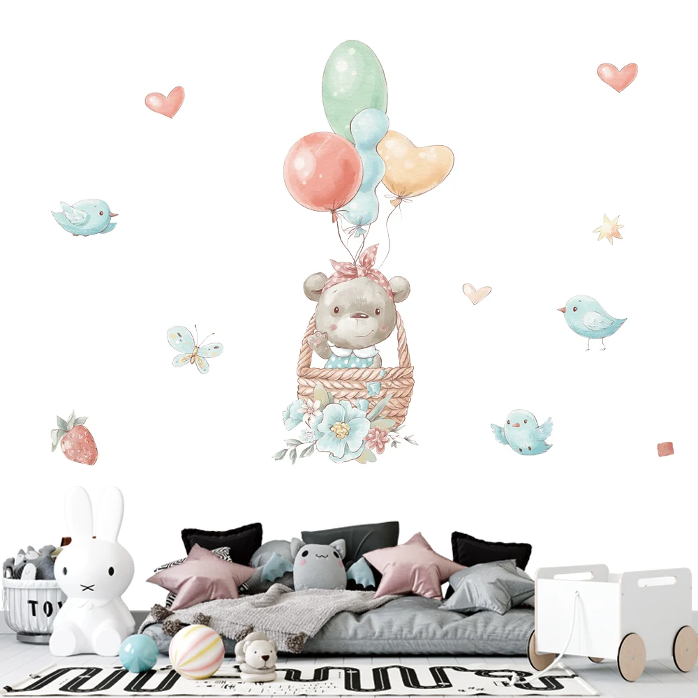 Cartoon Cute Animals Wall Stickers Hot Air Balloons for Nursery Kids Room Decor Art Removable Decals Tile Window Mural Posters