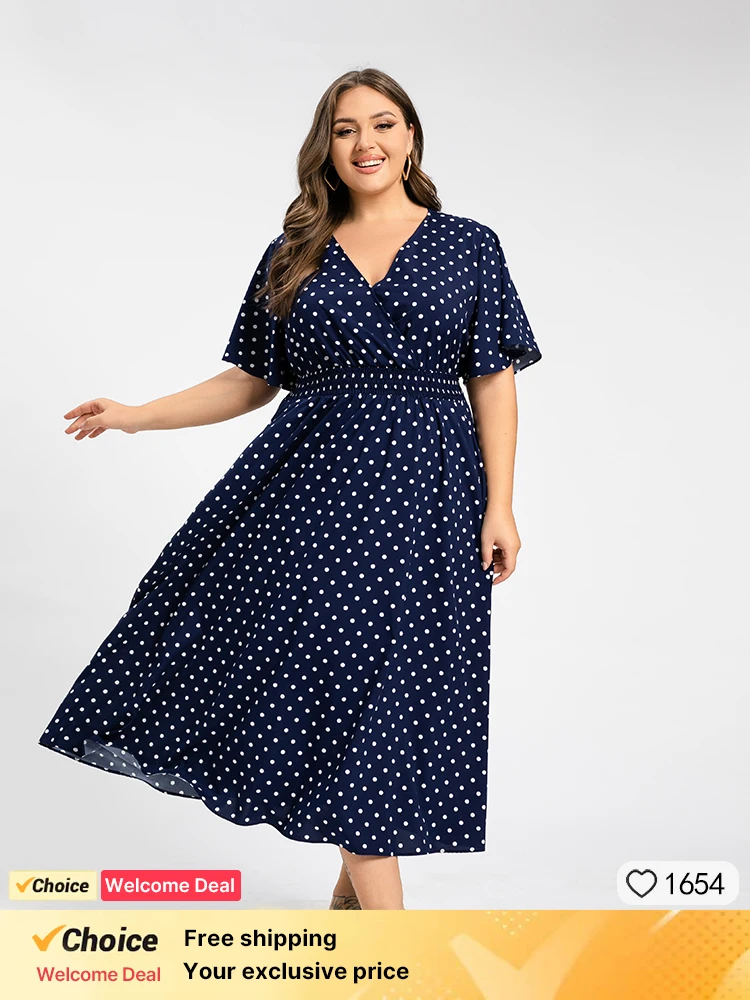 

Plus Sized Clothing Fashion Dress Polka Dot Crisscross V Neck Elastic Waist Ruffle Hem Dress Long Sleeve Dress with Pockets