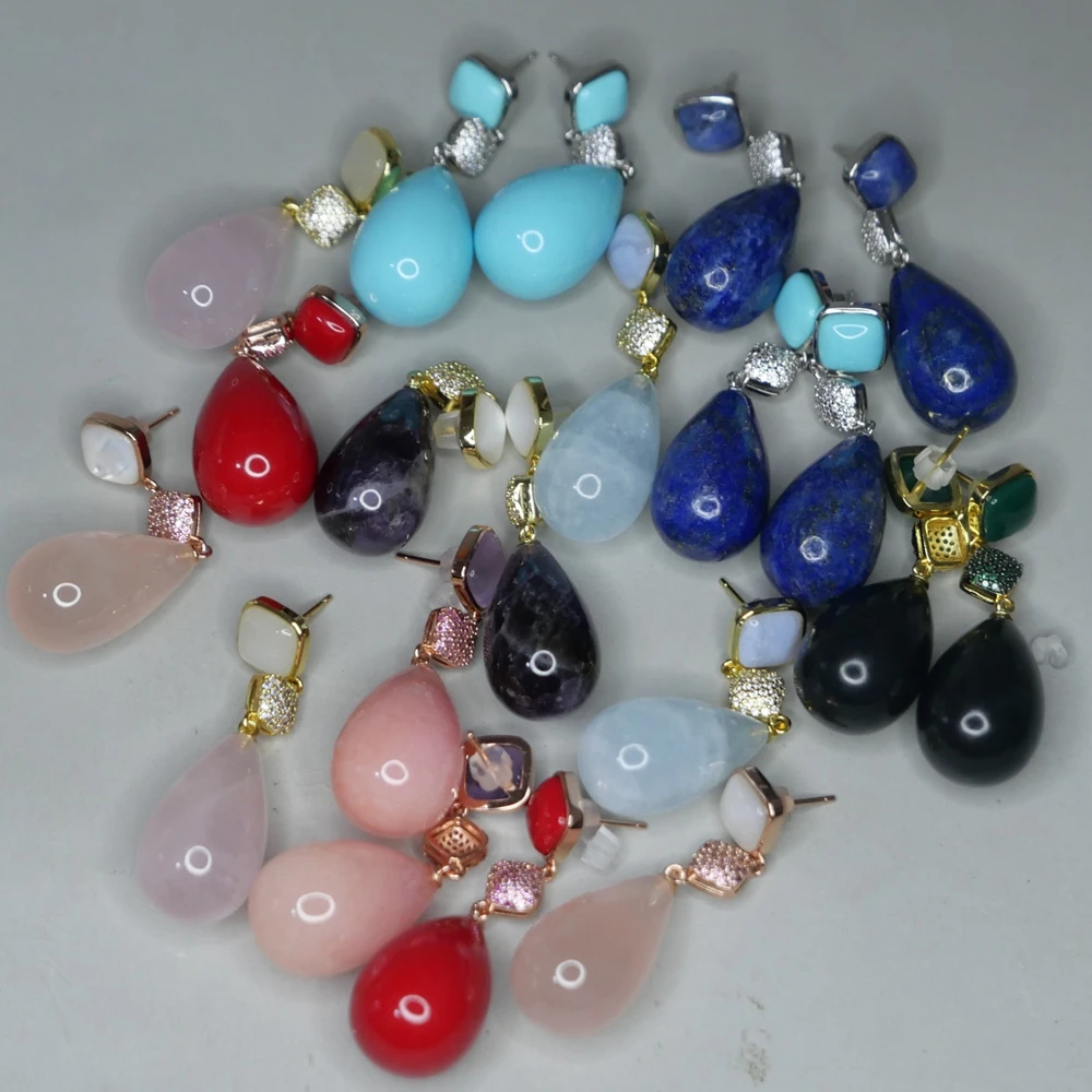 KQDANCE Woman Pink Quartz Pearl Blue Turquoise Aquamarine Red Black Agate Natural Gemstones Tear Drop Earrings 925 Silver Needle