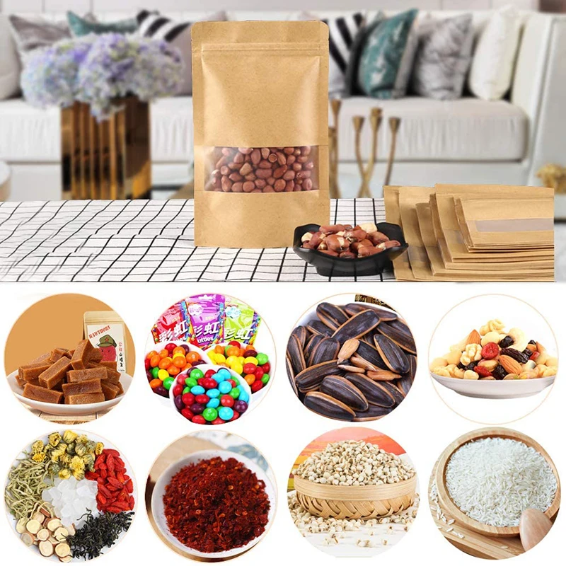 50pcs Reusable Kraft Paper Bags Lock Sealed Waterproof Packaging Pouch Biscuit Fruit Nut Gift Storage Bag Self-sealing Candy Gift - Image 6