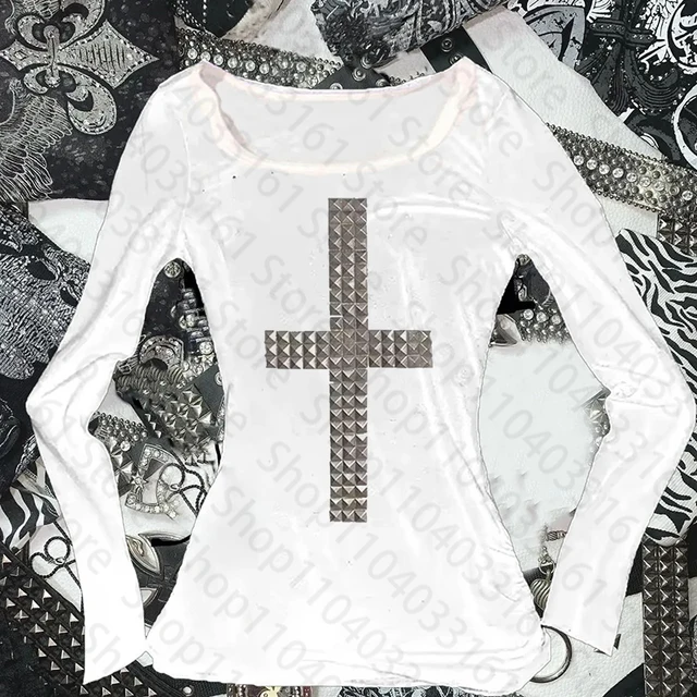 Gothique Grunge Punk Emo Filles T-Shirt À Manches Longues Sexy Mince Chic Imprimé Décontracté Récolte Hauts Y2K Harajuku Esthétique Femmes Streetwear 1