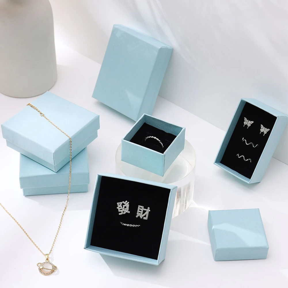 24pcs Jewelry Box Light Blue Paper Storage Gift Box for Ring Earring Pendant Bracelet Protection Wedding Valentine‘s Day Present