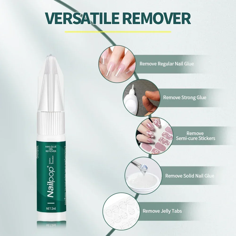 NAILPOP Super Strong No Cure Quick Dry Nail Bond Nail Glue Remover Set Easy Glue Off Debonder for Nail Tips Acrylic False Nails 3