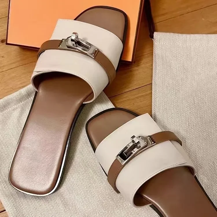

Top Quality Women's Genuine Leather Flat Slippers, Fashionable Luxury Brand Designer Small Gold Buckle Women's Leather Sandals
