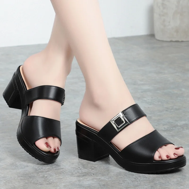 Comfort Anti-slip Soft Leather Sandals Women Summer Thick Soles High Heel Wearing Straight Line Fish Mouth Outdoor Sandals