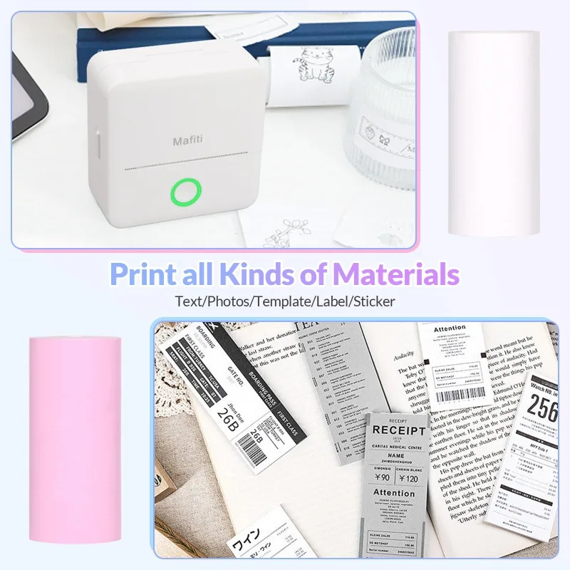 Thermal Printer Paper Adhesive 57X25mm Mini Printing Paper Rolls Printable Stickers White/Pink/Yellow/Blue/Transparent Stickers