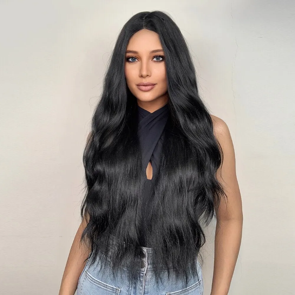 Black Wave Wigs for Women Long Natural Curly Wig Middle Part Synthetic Wig Heat Resistant Hair Daily Party Use_voghion.com