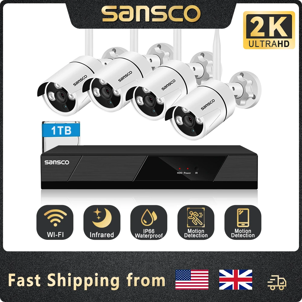 

SANSCO Wireless Security Cameras System with 8channel H.265 2K CCTV NVR & 4MP HD Outdoor IP Camera WiFi Video Surveillance Kit
