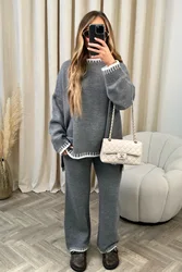Striped Elegant Women Knitted Home Suit Split Sweater Top Elastic High Waist Straight Pants 2 Pieces Set Female Autumn Winter