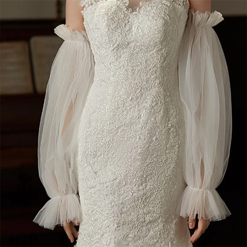 Removable Sleeve Bride Wedding Gloves Detachable Tulle Elastic Cuff Lantern Gloves Bridal Party Wedding Dress Accessories 1Pair wedding dress gloves wedding sleeve accessories