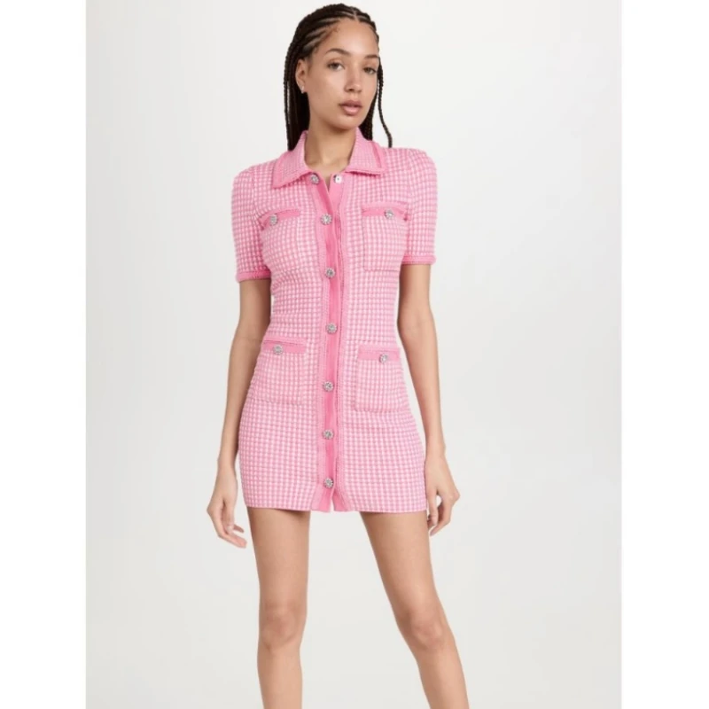 

2023 Women's Spring/Summer Pink Little Fragrance Glitter Plaid Design Knit Sexy Package Hip Simple Striped Short Dresses Y2k