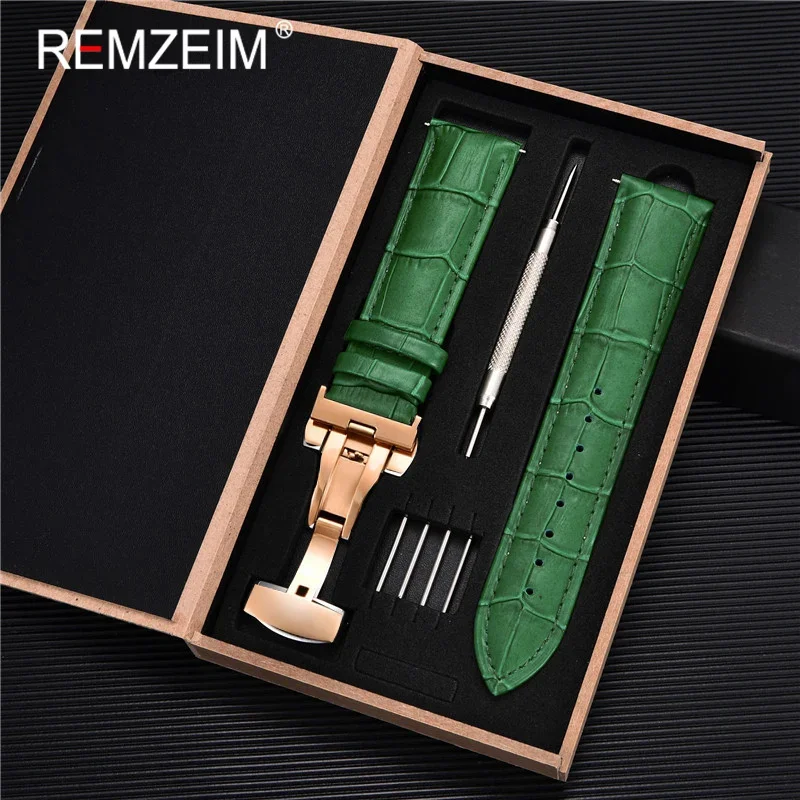 Premium Genuine Leather Watch Band with Stainless Steel Butterfly Clasp and Tool Set