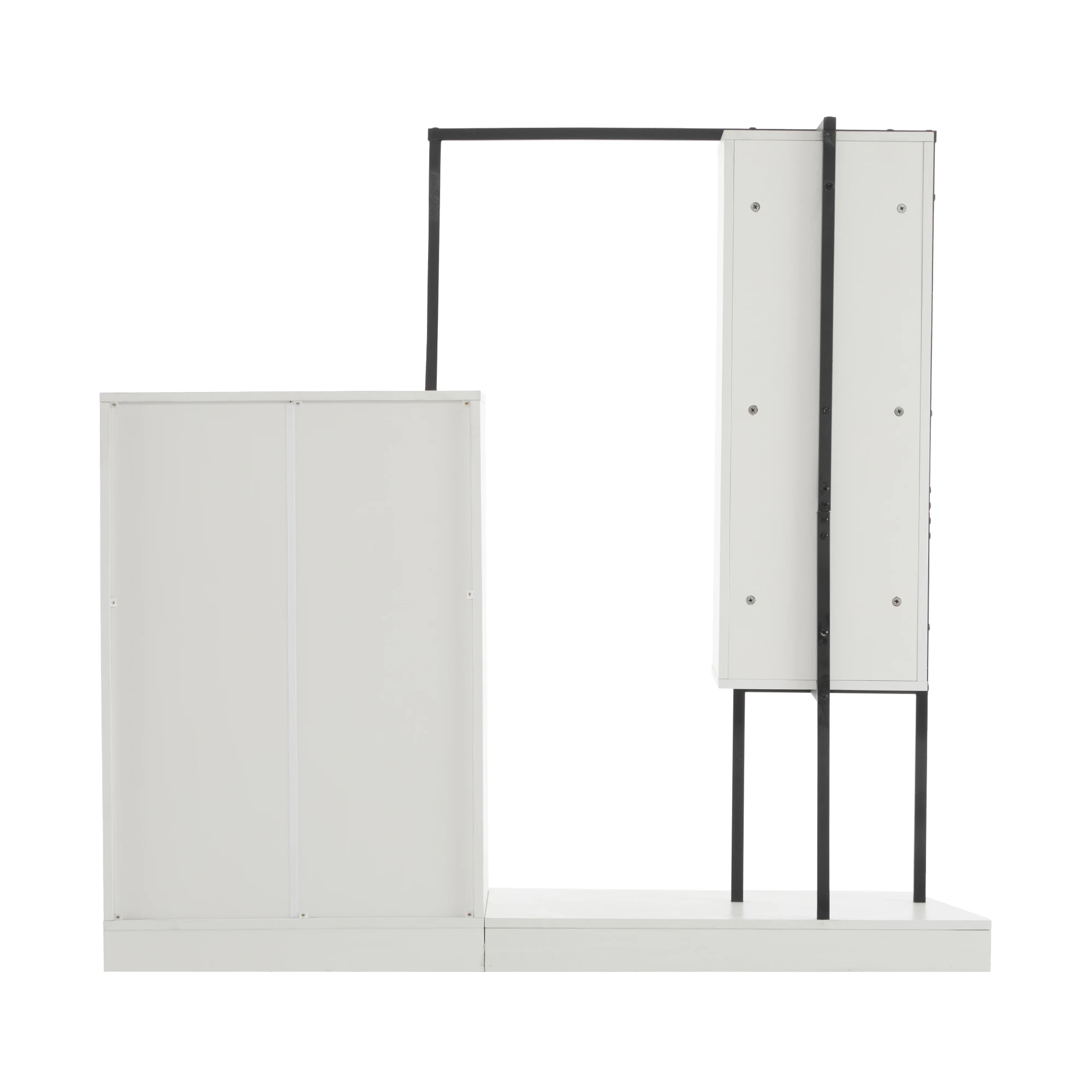 Weißes Kleiderschrank-Set inklusive Schubladenschrank, Sideboard und Kleiderstange. Abmessungen: B140/T40/H135. – Detail 10