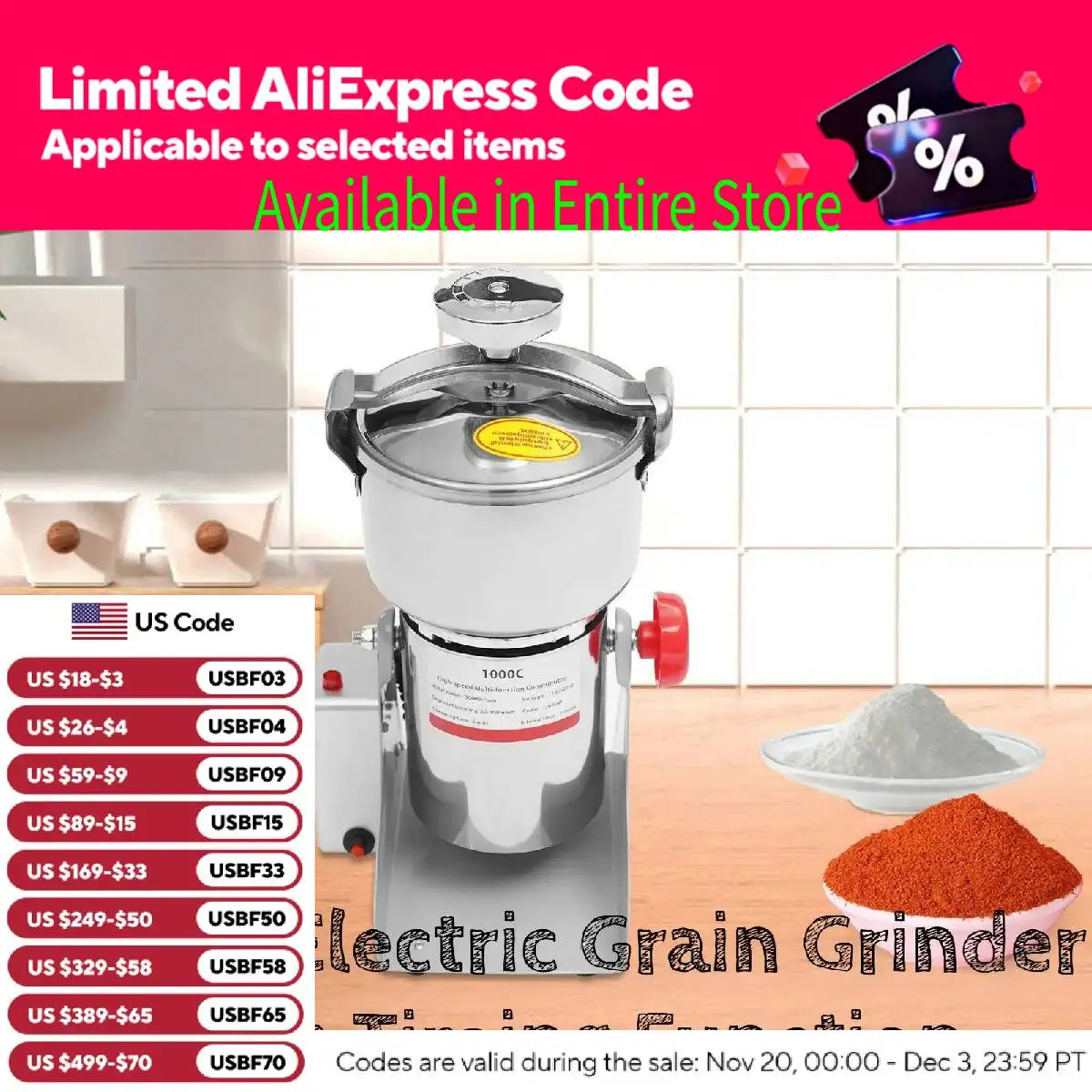 1000g Electric Grain Grinder Mill with Timing Function 3600W High Speed Commercial Pulverizer Dry Herb Grain Spice Coffee Seeds