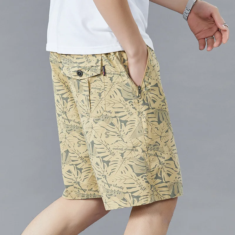 Beach Shorts Mens Casual Shorts Cotton Cargo Pants Elastic Waist Shorts Man Summer Clothing Basketball Shorts Leaf Gym Shorts