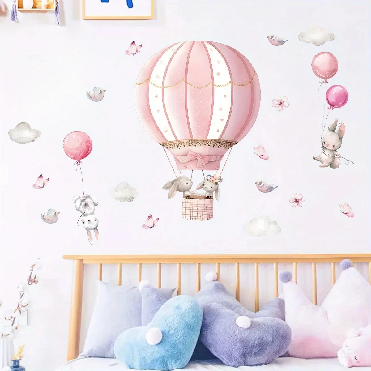 2pcs Cartoon Cute Rabbit Pink Balloon Clouds Wall Stickers For Room Decor Living Room Nursery Wall Decoration wall sticker wall stickers
