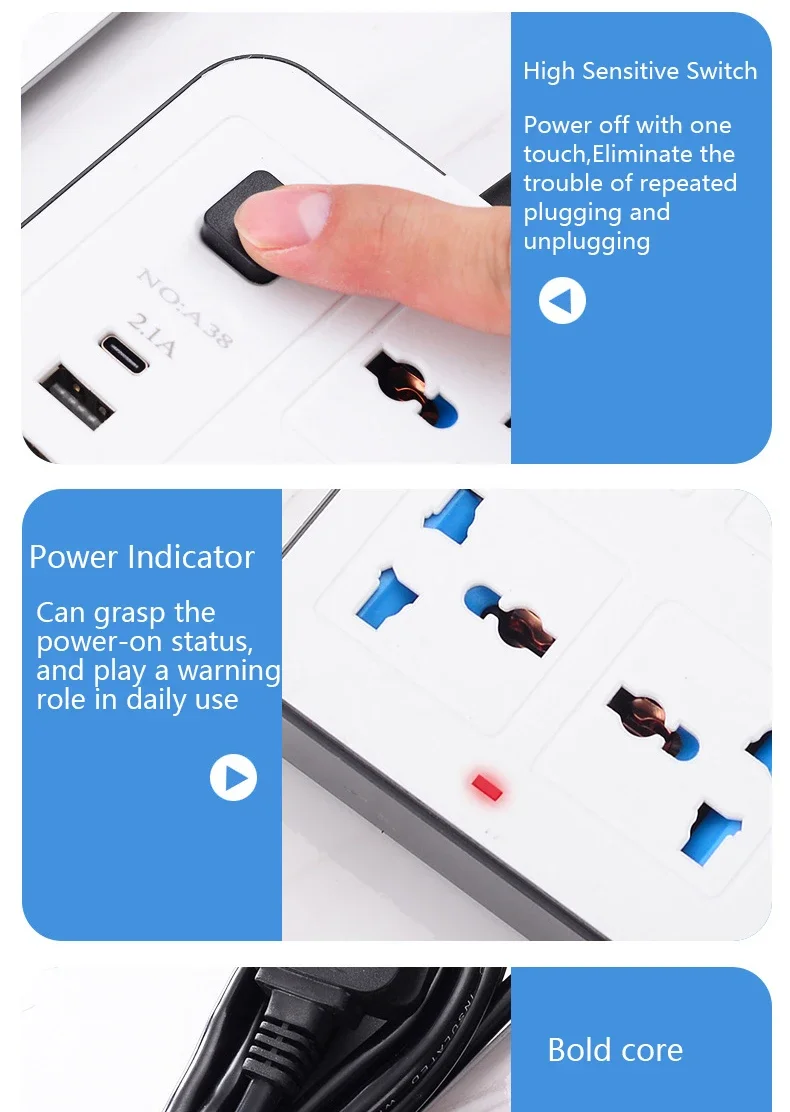 Power Multi Tap Universal Plug EU US UK AU Outlet Power Strip with Extension Cord AC Type C USB Port Charge Electrical Socket
