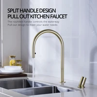 Brushed Gold Kitchen Faucet Invisible Pull Out Spray Mixer Double Hole Single Handle Solid Brass Hot and Cold Separate Sink Tap 5