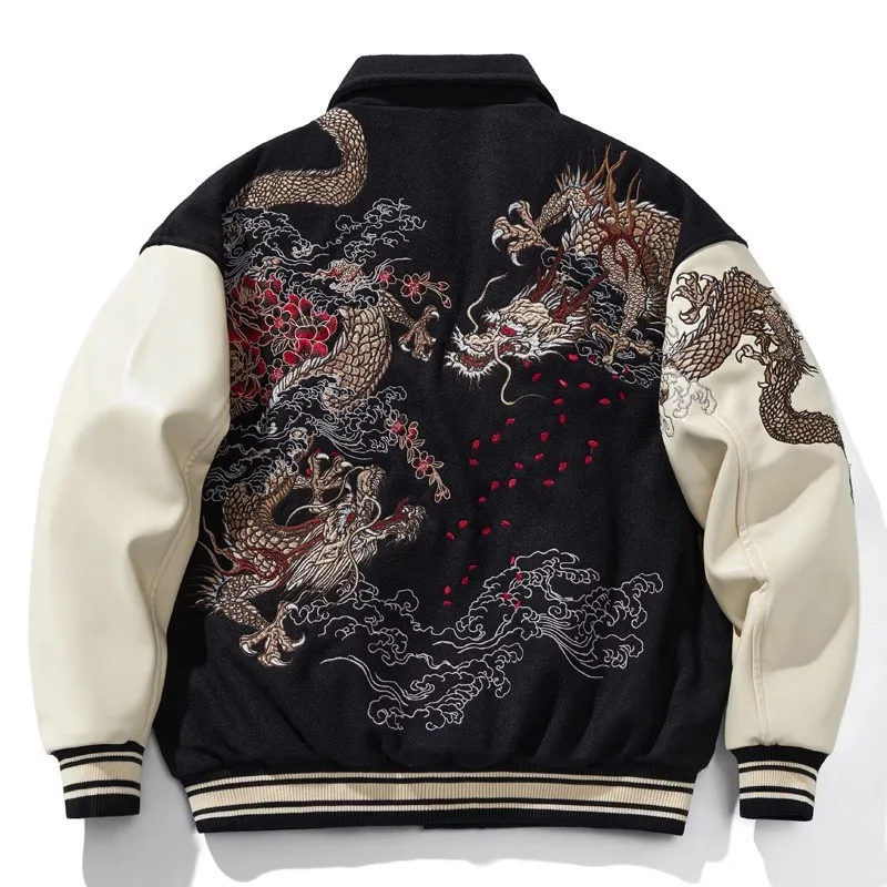 Embroidery Heavy Industry Lapel Baseball Uniform Couples Coat Woolen Warm Dragon Year Red National Fashion Contrast Color Jacket