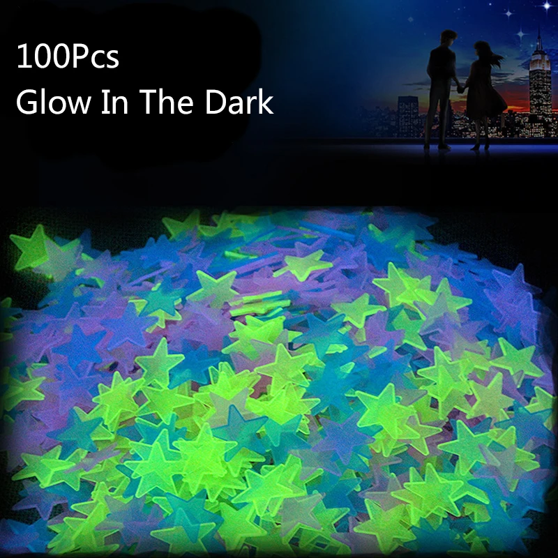 Luminous 3D Star Stickers for Kids Bedroom Fluorescent Colorful Star Wall Sticker Glowing in the Dark 3mm 100Pcs