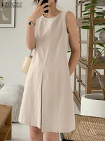 ZANZEA Women Tank Dresses Oversized 2024 Summer Sleeveless Knee Vestidos Casual Solid Loose O Neck Sundress Pockets Robes Femme - Image 2