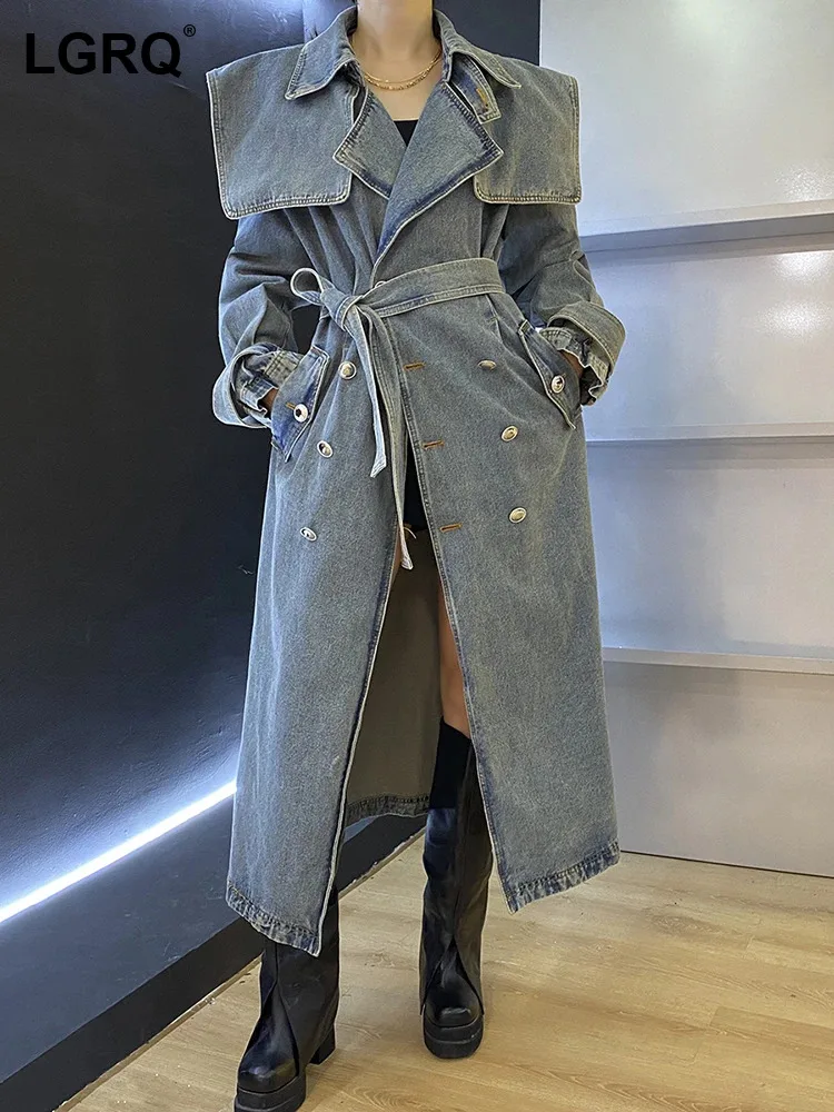 

LGRQ Jackets Double Fashion Loose Big Women's Layer Denim Collar Single Breasted Long Sleeve Sashes Coat Winter 2024 New 17A4709