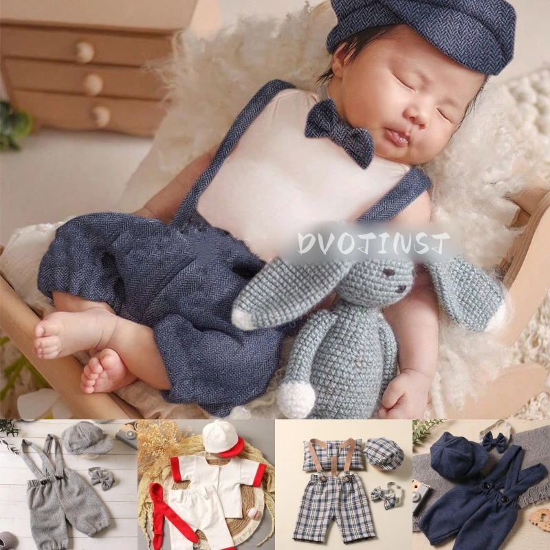 Dvotinst Newborn Photography Props Baby Boys Gentleman 4pcs Set Plaid Hat Pants Pillow Bow-tie Costume Studio Shoot Photo Props dvotinst newborn photography props baby boy orange gentleman summer outfit set fotografia studio shooting bebes photo props