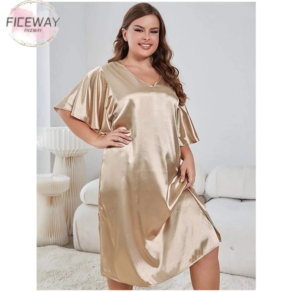 

Women Solid Color Simulation Silk Pajamas Sleepwear Dresses V Necked Ruffled Short Sleeves Homewear Female Nightwear Loungewear