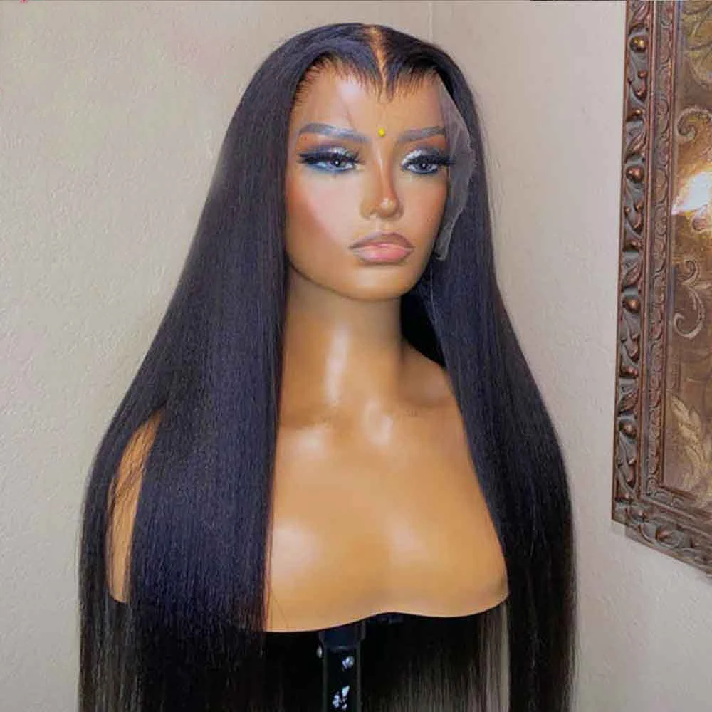 

Soft Yaki 180%Density 26Inch Long Kinky Staright Lace Front Wig For Black Women Babyhair Natural Hairline Glueless Preplucked
