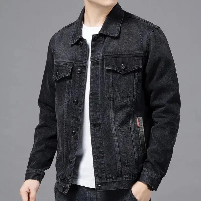 

Men Black Denim Jacket Streetwear Spring Autumn Vintage Casual Long Sleeves Top Fashion Turndown Collar Loose Coat