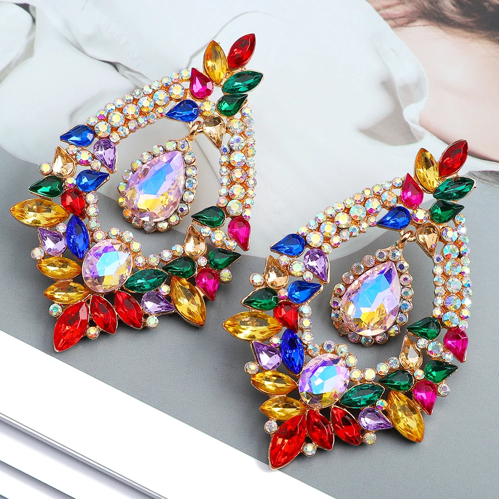 Fashion Classic Geometric Colorful Crystal Big Dangle Earrings For