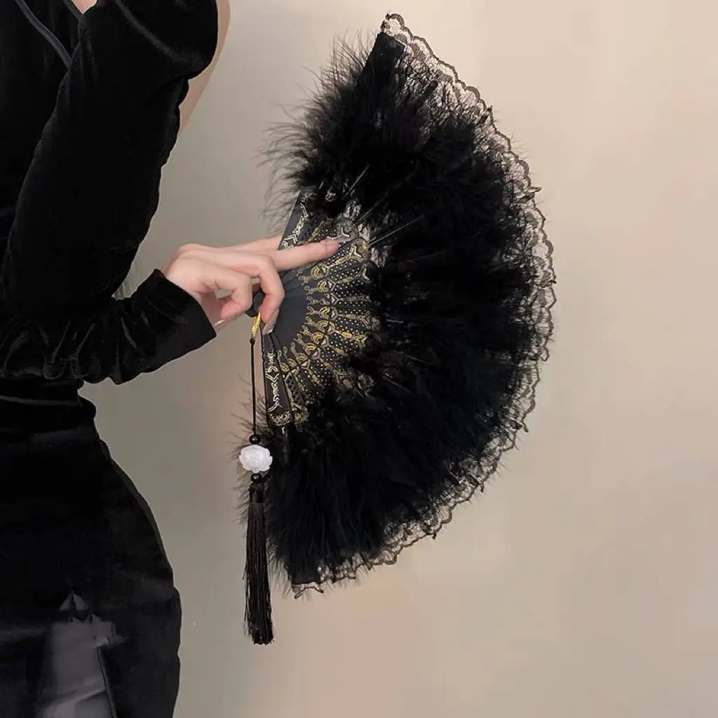 Chinese Style Vintage Retro Foldable Hand Fan Feathers Lace Folding Handheld Fan for Dance Wedding Decoration Party Favor Gifts