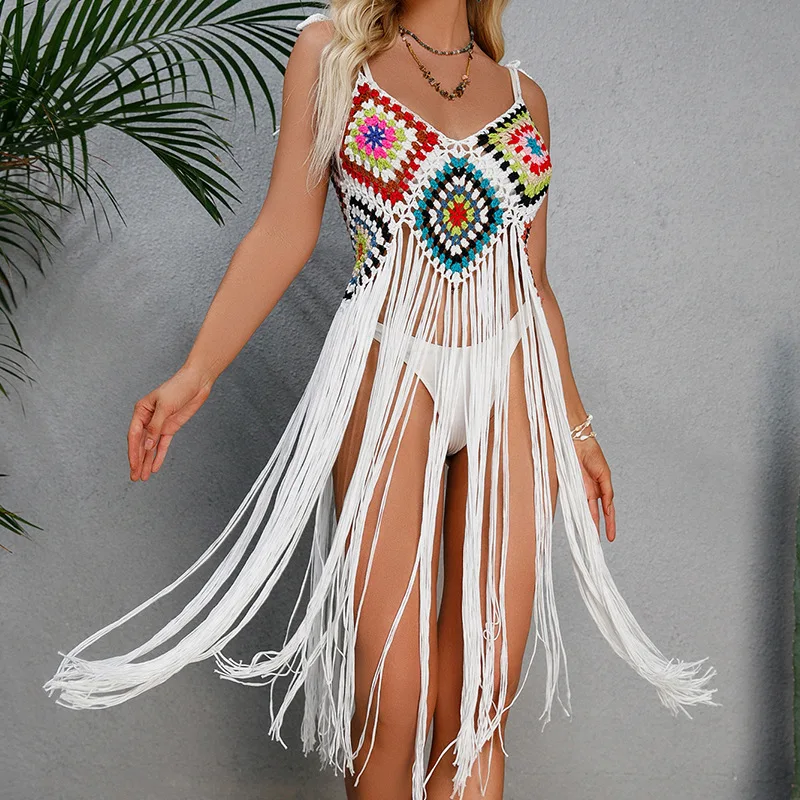 

Sexy Tassel Beachwear Woman Mid Length Crochet Dress Flower Block Beach Bikini Cover Up Beach Dress Cover-up for Swimwear Women