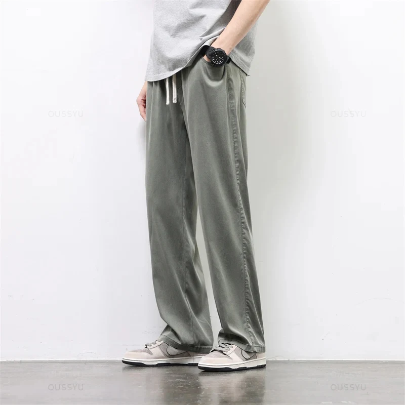 Summer Streetwear Lyocell Fabric Pants Men Stretch Loose Drawstring Elastic Waist Korea Jogger Sports Casual Long Trousers Male casual pants sports pants casual sports pants
