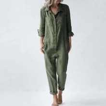  Autumn Single Breasted Button One Piece Jumpsuit Women Turn-down Collar Elastic Waist Romper Spring Solid Pocket Cotton Overalls 